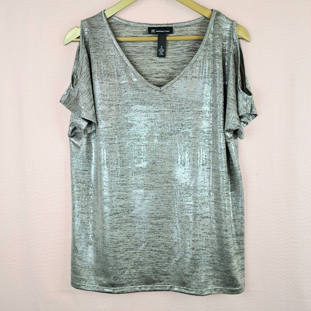 INC International Concepts Top Silver Tone Blouse Glitter Cold Shoulder Sleeve M